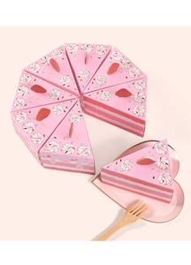 Detailed overhead view of eight pink triangle cake favor boxes with strawberry decor