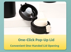 Detail of the black matte one-click pop-up lid with leak-proof silicone seal