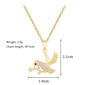Detailed size map of gold swallow necklace with rose and pavé crystals on white background