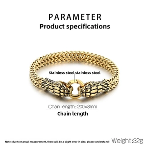 Detailed specs of gold 18K plated stainless steel snake head bracelet, 200x8mm size