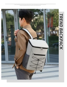 Outdoor male model wearing grey insulated backpack with reflective strip and elastic net