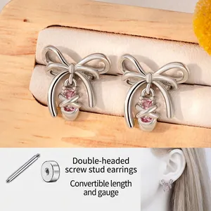 Bowknot Ballet Shoe Cartilage Piercing Stud Earring Stainless Steel Pink Zircon Sweet Girly Jewelry For Women