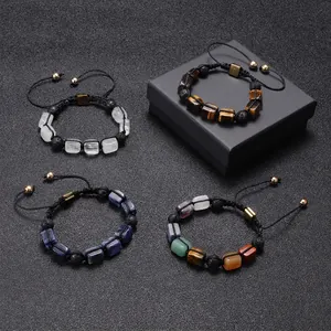 Handmade braided bracelets set with natural lava stone, crystal and rectangle agate beads