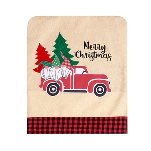 Linen Christmas chair cover with gnomes and red truck on a white background