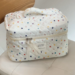 Detailed view of colorful polka dot quilted makeup bag with handle and slogan patch