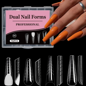 Close-up of 96 dual nail forms with scale marks for poly gel extensions in clear finish