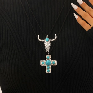 Western boho double pendant necklace with silver bull skull, cross and turquoise beads