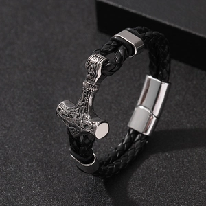 Braided leather Mjolnir bracelet with engraved Thor's hammer and magnetic clasp