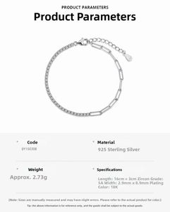 Detailed specs of S925 sterling silver clover tennis bracelet with paperclip link