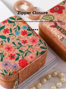 Macro detail of vintage floral jewelry box with textured surface and gold zipper closure
