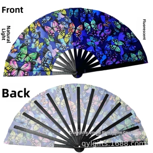Detail showing butterfly patterns on blue fabric fan with black bamboo ribs