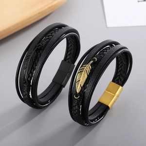 Men Braided Leather Bracelet With Stainless Steel Feather Pendant Multi-layer Vintage Punk Style Magnetic Clasp