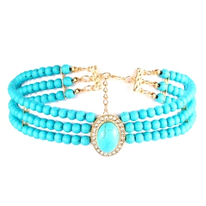 Collier rétro français à plusieurs rangs en perles de turquoise avec pendentif doré ovale