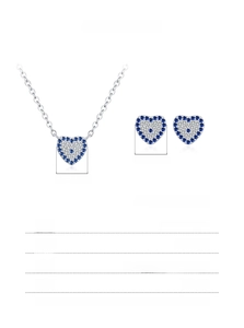 Detailed specs of S925 silver heart jewelry set with 8mm width and blue stones