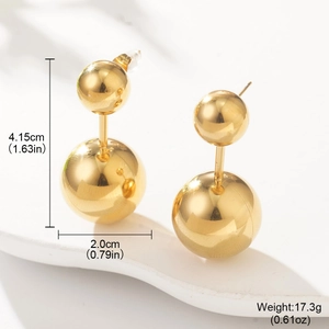 Polished gold double ball C-shaped earrings with dimension markings on white background