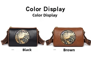 Detail of black and brown cylinder crossbody bags with exotic elephant embossment