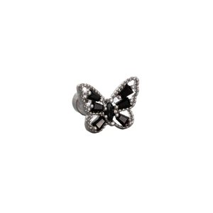 Silver titanium steel butterfly ear stud with black zircon inlay on a white background