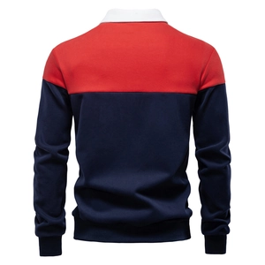Back view of color-block long sleeve polo sweatshirt in red and navy blue with white collar