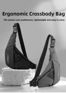 Close-up of waterproof ergonomic men's chest bag with adjustable strap and sleek buckles