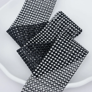 Black mesh ribbon with 24 rows of sparkling silver rhinestones for DIY crafts and decor