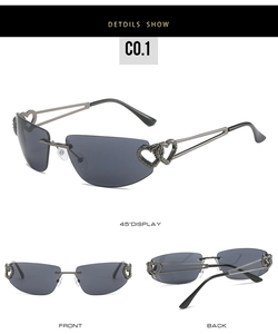 Vue détaillée des lunettes de soleil Y2K sans monture avec charnières cœur en métal