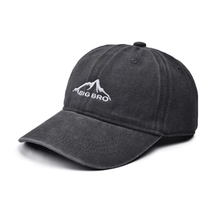 Detail of embroidered BIG BRO text and mountain peak on washed dark grey cotton cap