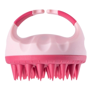 Pink silicone scalp massager brush with ergonomic handle for deep hair cleaning