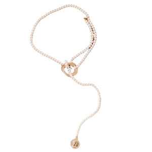 Retro long pearl necklace with golden double loops and vintage coin portrait pendant