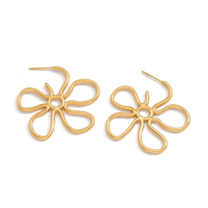 Polished gold flower stud earrings in minimalist five-petal design on white background