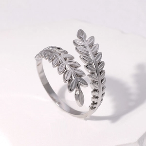 Minimalist silver leaf open ring with adjustable nature-inspired wrap design for women