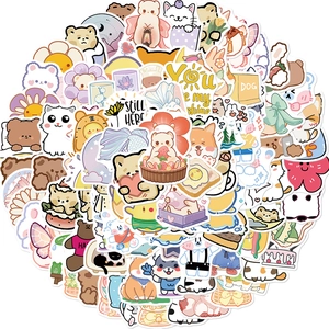 Macro view of cute waterproof PVC stickers with bear, cat and flower patterns for DIY
