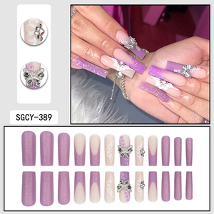 Purple French long square press-on nails with glitter, 3D butterflies and floral accents