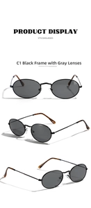 Vistas detalladas de gafas de sol ovaladas de metal con montura negra y lentes grises desde tres ángulos