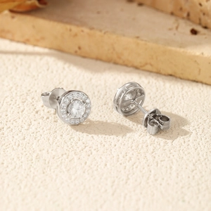 Classic round 925 sterling silver moissanite stud earrings with sparkling halo design