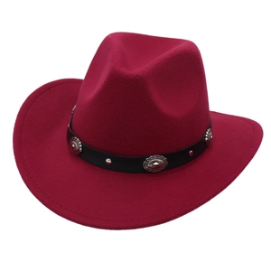 Classic wine red wool western cowboy hat with black decorative strap and metal studs