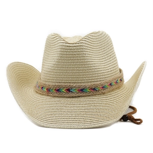 Detailed close-up of straw cowboy hat featuring rainbow band and adjustable wind rope