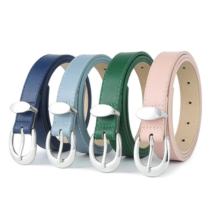 Women's PU leather waist belts with silver oval buckles in pink, blue, and green colors