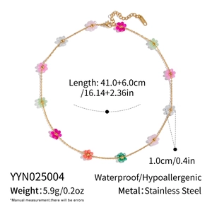 Detail view of colorful flower beaded stainless steel necklace with size specifications