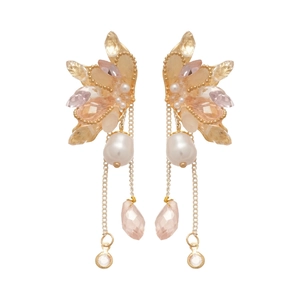 Elegant gold-tone tassel earrings featuring butterfly crystal wings and dangling pearls