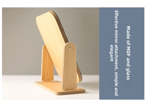 Detail of wooden desktop mirror featuring MDF frame and adjustable swivel stand