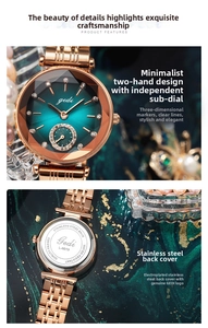 Detail of green sunray dial with independent small second hand and steel case back