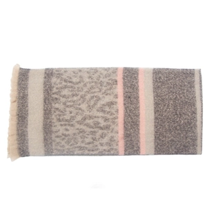 Detail shot of leopard print patchwork scarf with soft fringes in beige and pink