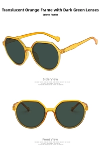 Close-up of orange geometric sunglasses with dark green lenses from front and side view