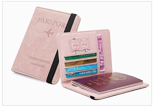 Pink matte RFID passport holder with elastic band, card slots, and SIM storage