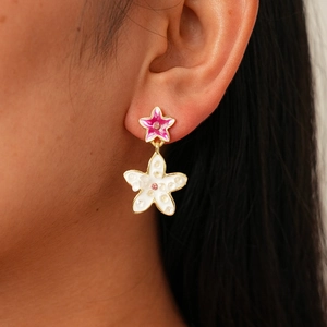 Elegant ten-piece pink flower and pearl earrings set with rhinestone and gold finish