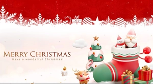 3D Merry Christmas banner with Santa Claus, cute reindeer, and festive plaid stockings