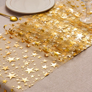 Golden star pattern sheer mesh table runner for festive party and wedding dinner decor