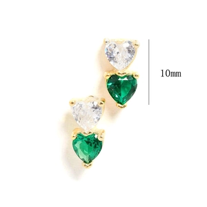 Golden heart earrings with white and emerald stones, 10mm height measurement display