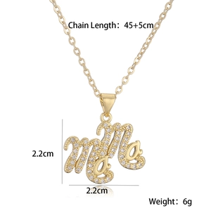 Detail view of 18K gold plated MAMA necklace with dimensions and weight specs