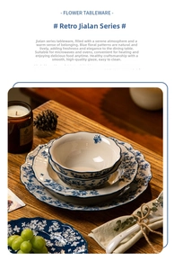 Blue floral ceramic dinnerware set suitable for microwave oven with wavy petal edge